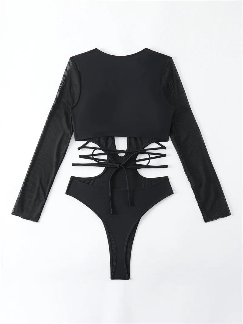 2024 Sexy Black Long Sleeve One Piece Swimsuit for Women - Hollow Out Bandage Monokini Bathing Suit | Beachwear, Pool Party, Summer Vacation