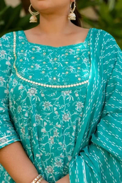 **Elegant Plus Size Sea Green Embroidered Anarkali Kurta Dupatta Set for Women – Perfect for Weddings, Festivals & Special Occasions**