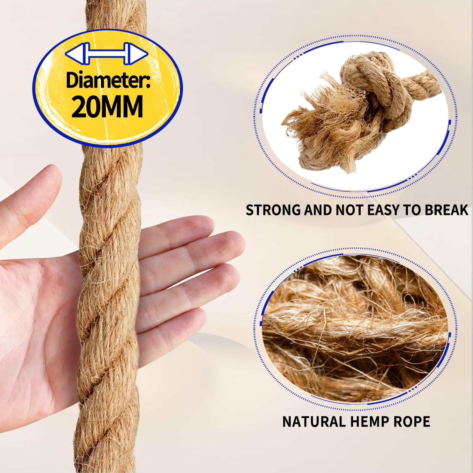 **3/4 Inch x 50 ft Natural Jute Rope - Heavy Duty Twisted Manila Hemp Rope (20mm Thick) for Tug of War, Crafts, Railing, Gardening, Bundling, Hammocks & Home Decor | Durable & Eco-Friendly**    *(Use Cases: Perfect for outdoor activities, DIY projects, home decoration, gardening, and heavy-duty tasks like tug of war or securing loads.)*
