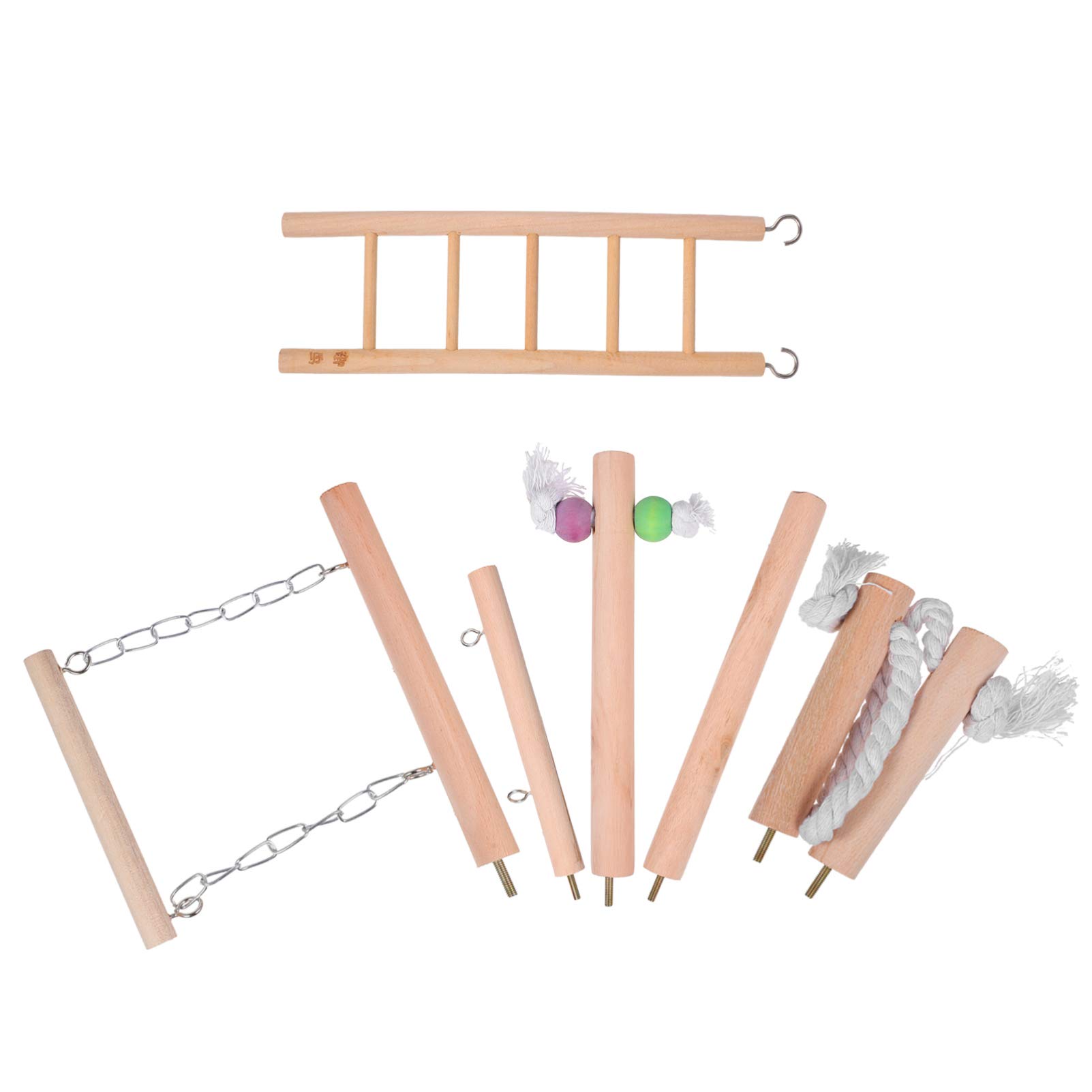 Balacoo Bird Chew Toys Set - Wooden Parrot Chewing & Biting Toys with Hanging Swing, Stand Perch, and Ladder for Cage - Safe for Budgies, Lovebirds, Conures - Perfect for Play, Exercise, and Stress Relief