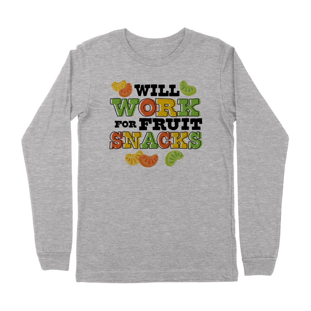 Will Work for Fruit Snacks Kids Long Sleeve T-Shirt - Funny Graphic Tee for Boys & Girls - Perfect for School, Playdates & Family Outings