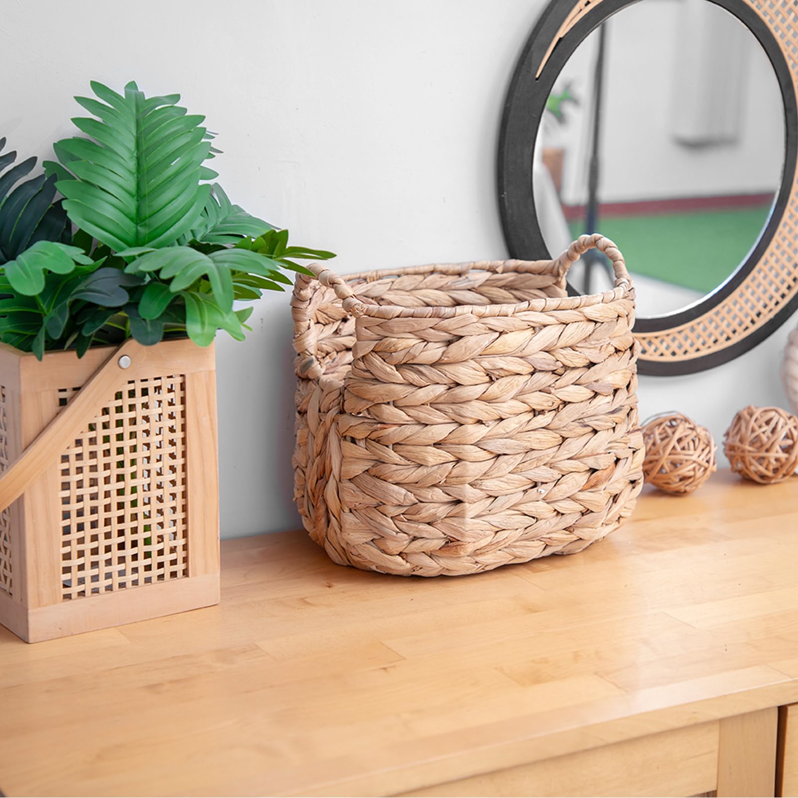 Natural Water Hyacinth Wicker Storage Basket with Handles - Woven Blanket Organizer for Bedroom, Living Room & Shelves - Perfect for Home Decor, Laundry, and Clutter Control (1 Pack)