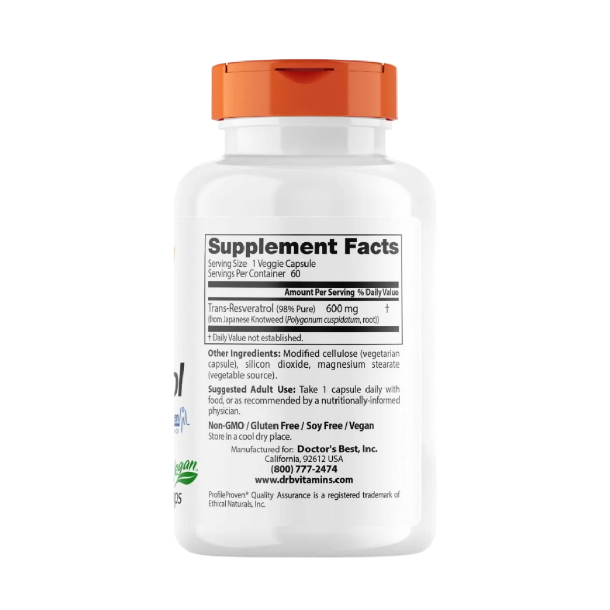 Doctor's Best High Potency Trans Resveratrol 600mg Supplement - 60 Vegan Capsules for Heart Health & Anti-Aging - Supports Cardiovascular Wellness & Cellular Protection