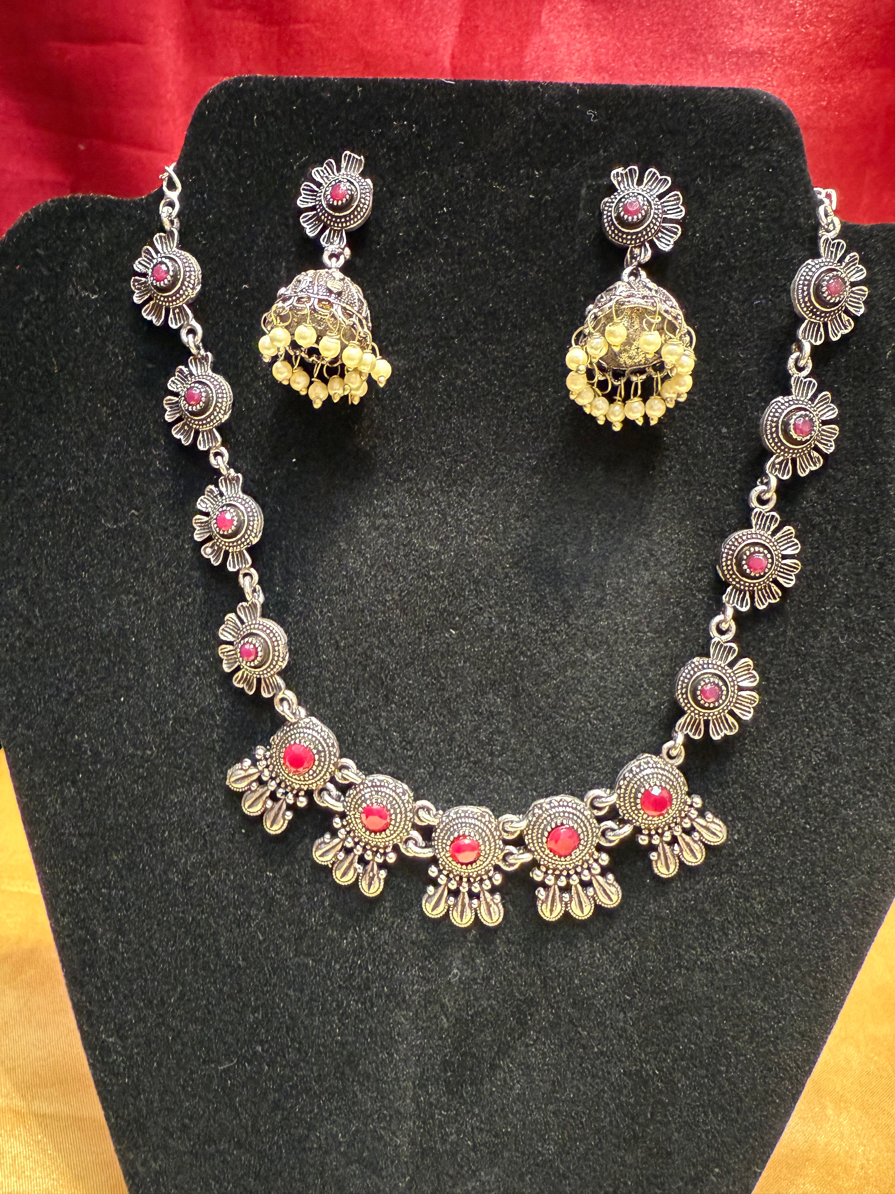 Elegant Pink Oxidized Designer Pearl Drop Jhumka Necklace Set - Perfect for Weddings, Parties & Ethnic Fashion