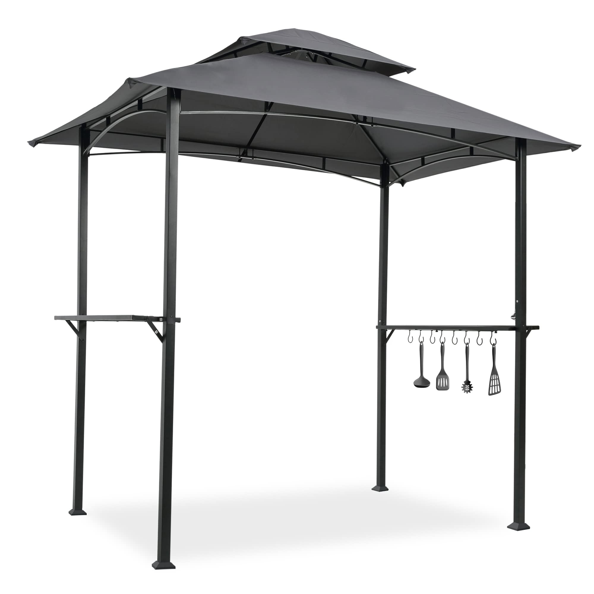 8x5 Ft Heavy Duty Grill Gazebo - Double Tiered Outdoor BBQ Canopy with 2 Side Shelves, Hooks & Bottle Opener - Weather Resistant BBQ Shelter for Patio, Garden, Beach, Backyard & Picnic - Perfect for Summer Cookouts & Outdoor Entertaining (Gray)