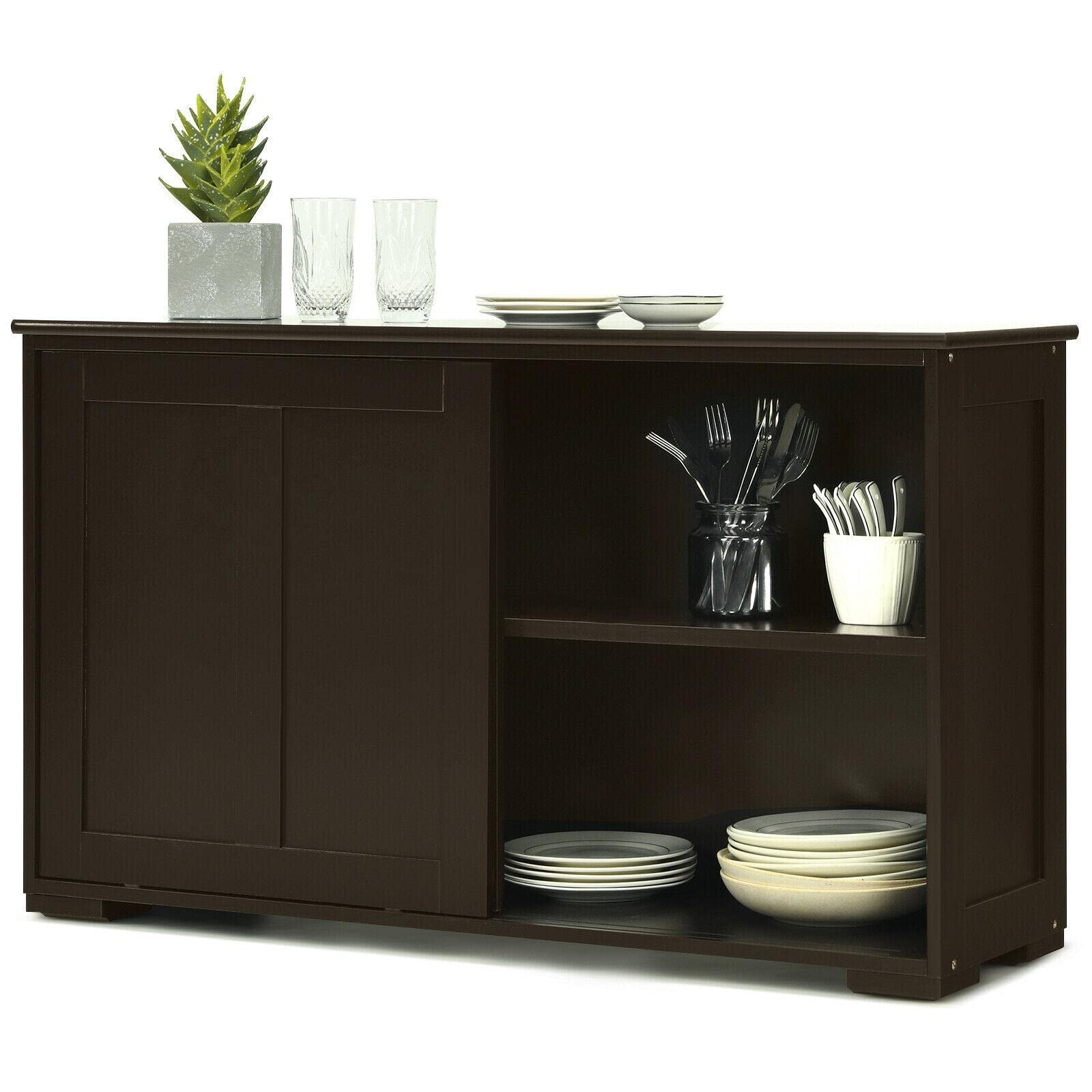Brown Sliding Door Kitchen Pantry Cabinet - Wooden Buffet Sideboard with Storage for Dining Room, Kitchen & Home Organization | Perfect for Small Spaces & Modern Kitchens