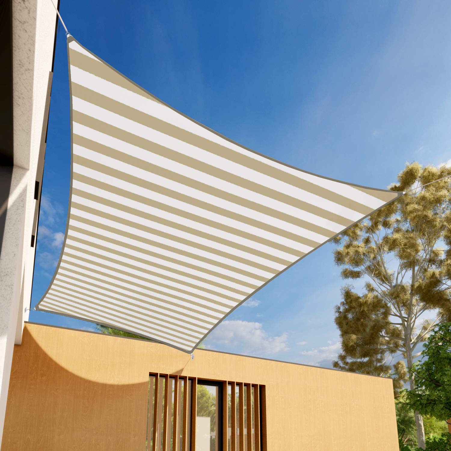 E&K Sunrise 20' x 24' Beige & White Rectangle Sun Shade Sail - UV Block Outdoor Shade Cloth with Reinforced Curve Edges - Perfect for Patio, Garden, and Poolside Sun Protection