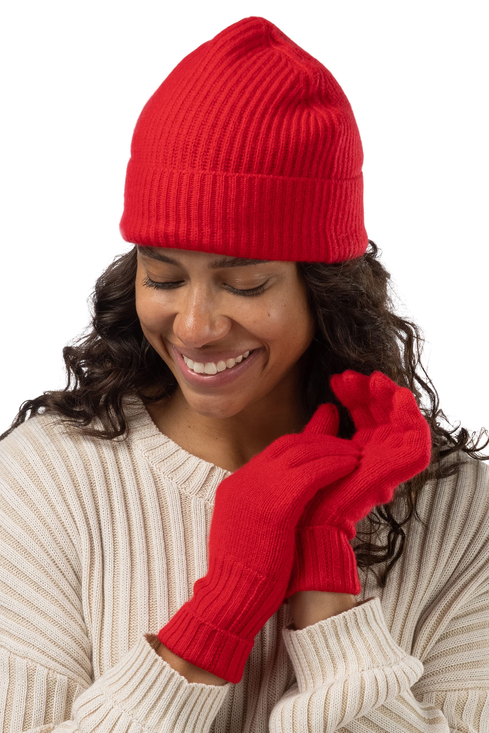 Fishers Finery Women's 100% Pure Cashmere Ribbed Winter Hat and Glove Set - Soft & Warm Knit Accessories Gift Box | Perfect for Cold Weather, Outdoor Activities & Holiday Gifts
