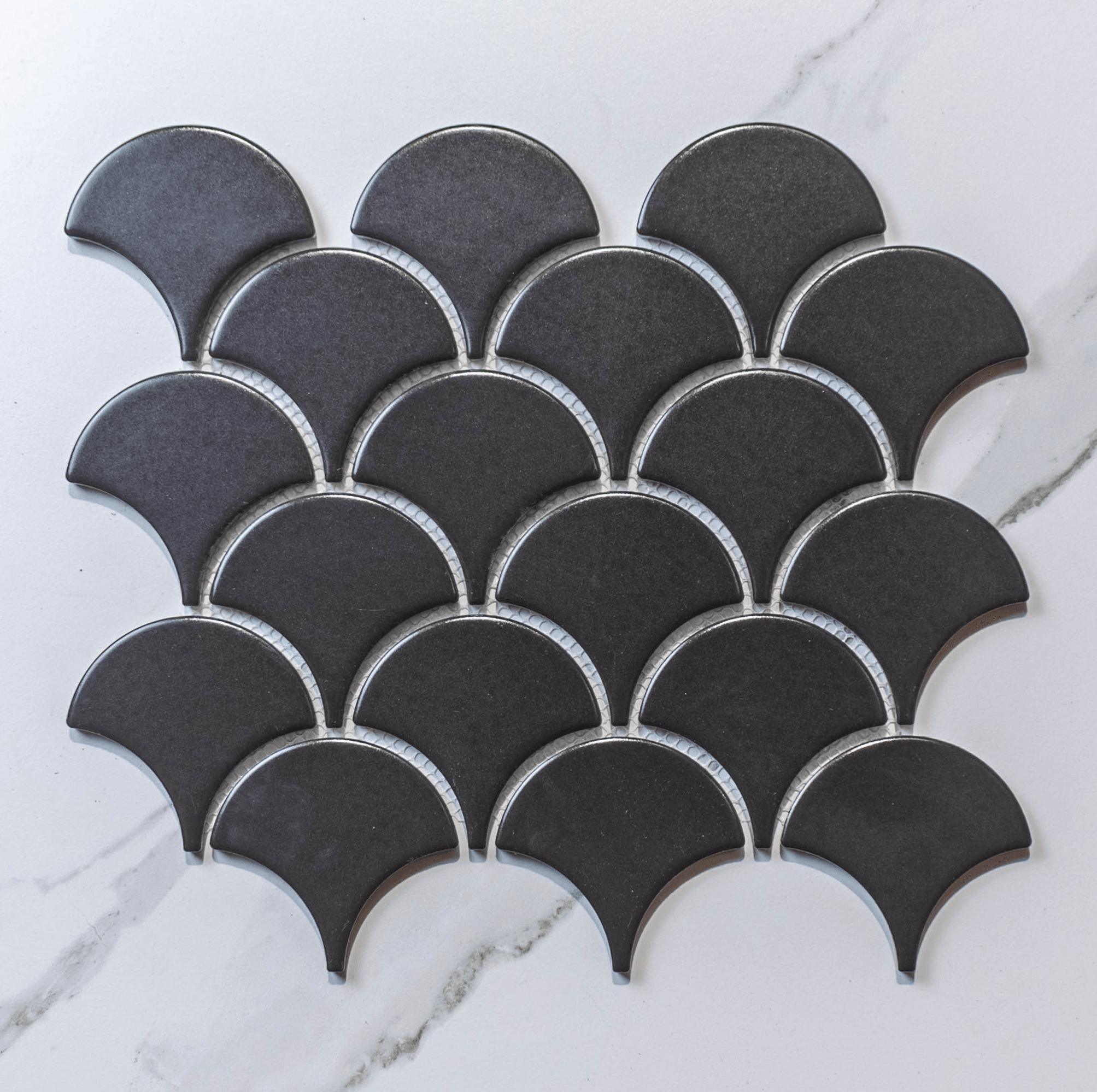 Crystal Black 74.5x70 Matt Fish Scale Tile (per Sheet) - Perfect for Bathroom Backsplash, Kitchen Wall Decor, and Modern Interior Design