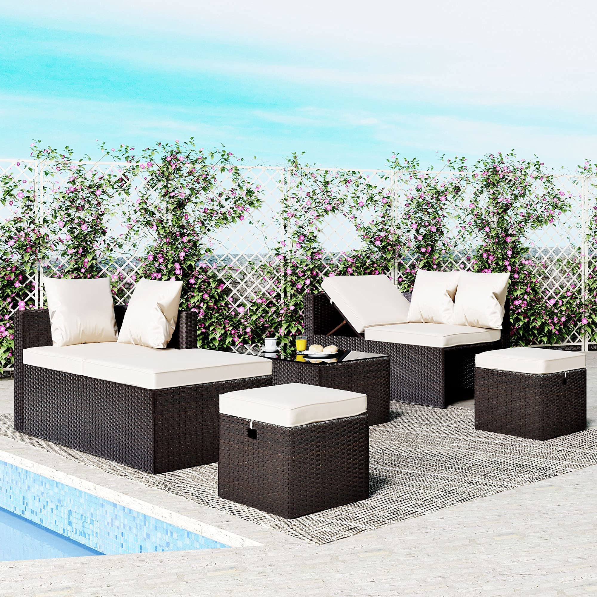 Beacon Pet 5-Piece All-Weather PE Wicker Patio Furniture Set - Adjustable Rattan Chaise Lounge with Tempered Glass Coffee Table & Removable Cushions (Beige/Brown) - Perfect for Outdoor Garden, Poolside & Backyard Relaxation
