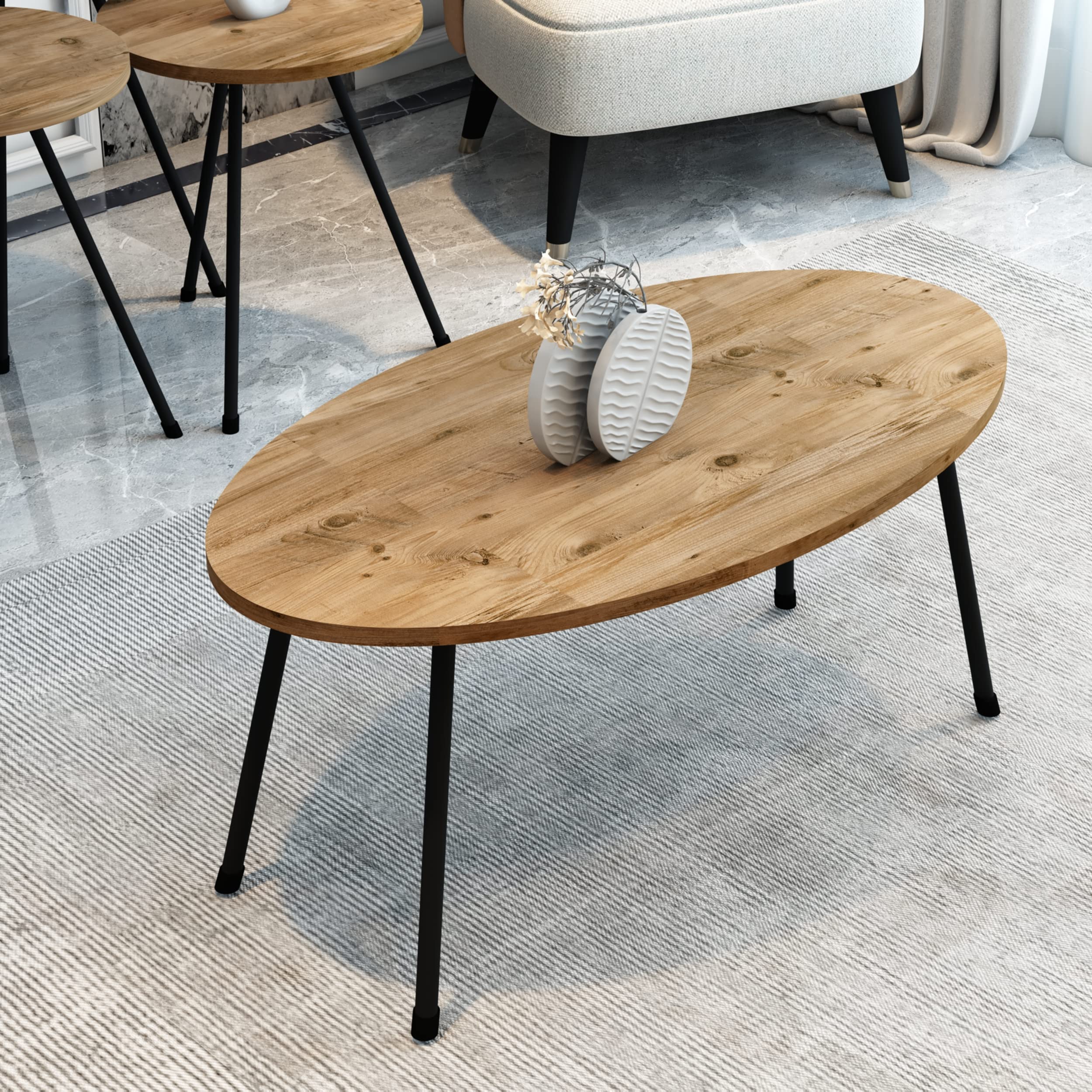 4 Piece Living Room Table Set - 1 Coffee Table & 3 Nesting Tables, Easy No-Tools Assembly, Solid Pinewood, Ellipse Coffee Table with Round Side Tables - Perfect for Small Spaces, Living Room Decor & Coffee Table Organization