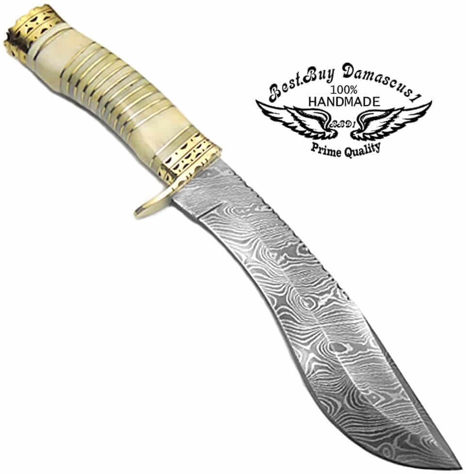 13'' Damascus Steel Kukri Hunting Knife with Camel Bone Handle - Fixed Blade Knife for Men, Outdoor Survival, Camping & Bushcraft - Includes Knife Sharpener, Perfect Gift for Hunters & Outdoorsmen