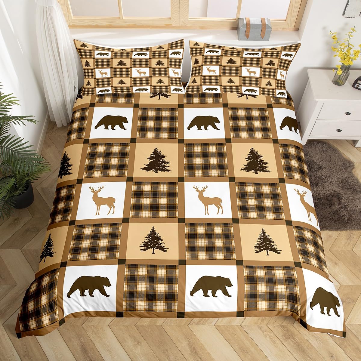 Bear Deer Printed Camping Comforter Cover Twin - Retro Buffalo Plaid Duvet Cover Set with 1 Pillowcase | Cabin Decor, Wildlife Hunting Theme Bedding | Soft Brown Geometric Stripe Bedspread for Cozy Cabin Retreats & Hunting Lodge Bedrooms