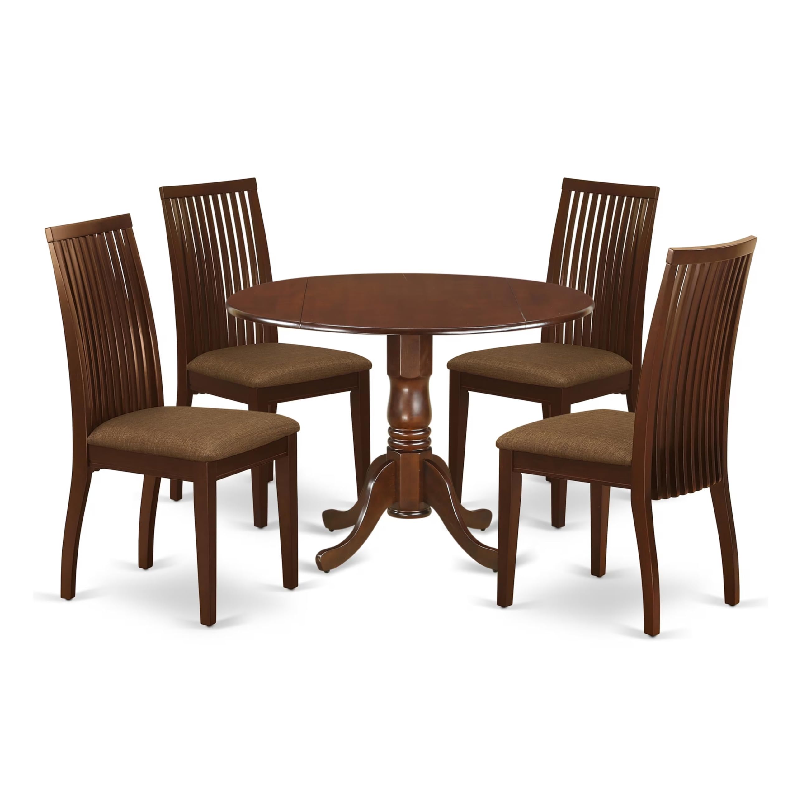 East West Furniture DLIP5-MAH-C 5-Piece Modern Dining Room Set - Round Expandable Mahogany Wood Table with Drop Leaf & 4 Linen Upholstered Chairs, 42x42 Inch - Perfect for Small Spaces, Breakfast Nooks & Cozy Apartments