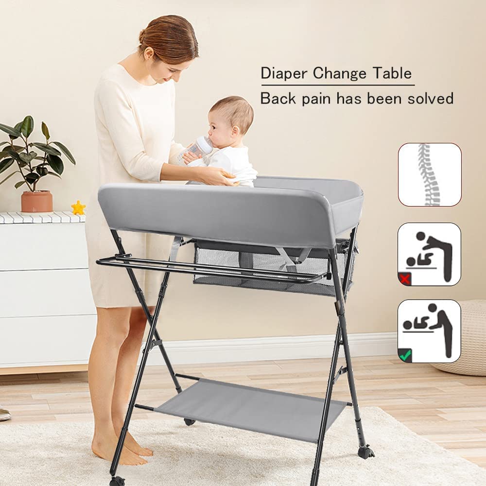 Portable Baby Changing Table with Wheels & Storage - Foldable Diaper Changing Station for Nursery, Travel & On-the-Go Parenting