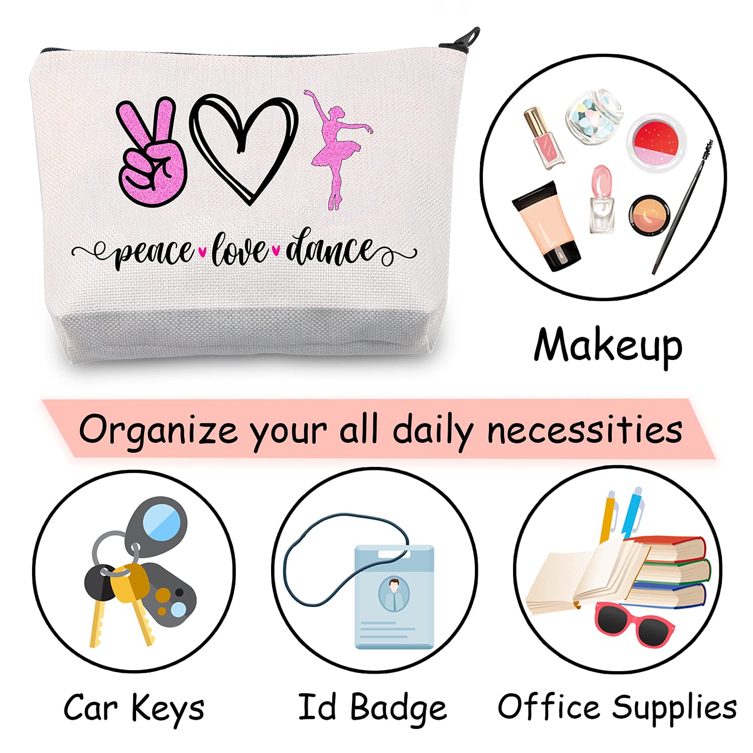 JXGZSO Ballet Dance Makeup Bag - Waterproof Cosmetic Organizer Pouch for Dancers, Coaches & Ballet Girls - Perfect Gift for Dance Classes, Recitals & Performances (Peace Love Dance Design)