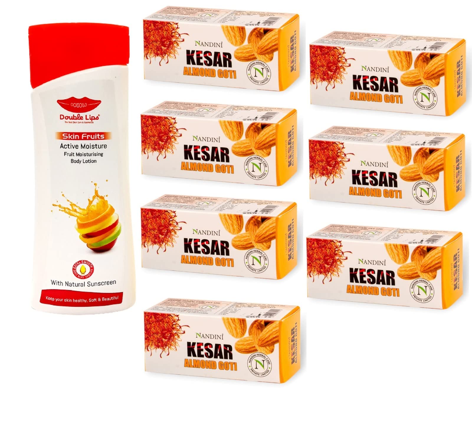 Nandini Kesar & Almond Goti Facial Soap 7pc (25g) with Double Lips Mix Fruit Body Lotion 100ml - Moisturizing Skincare Set for Men & Women | Perfect for Daily Face Wash & Body Hydration