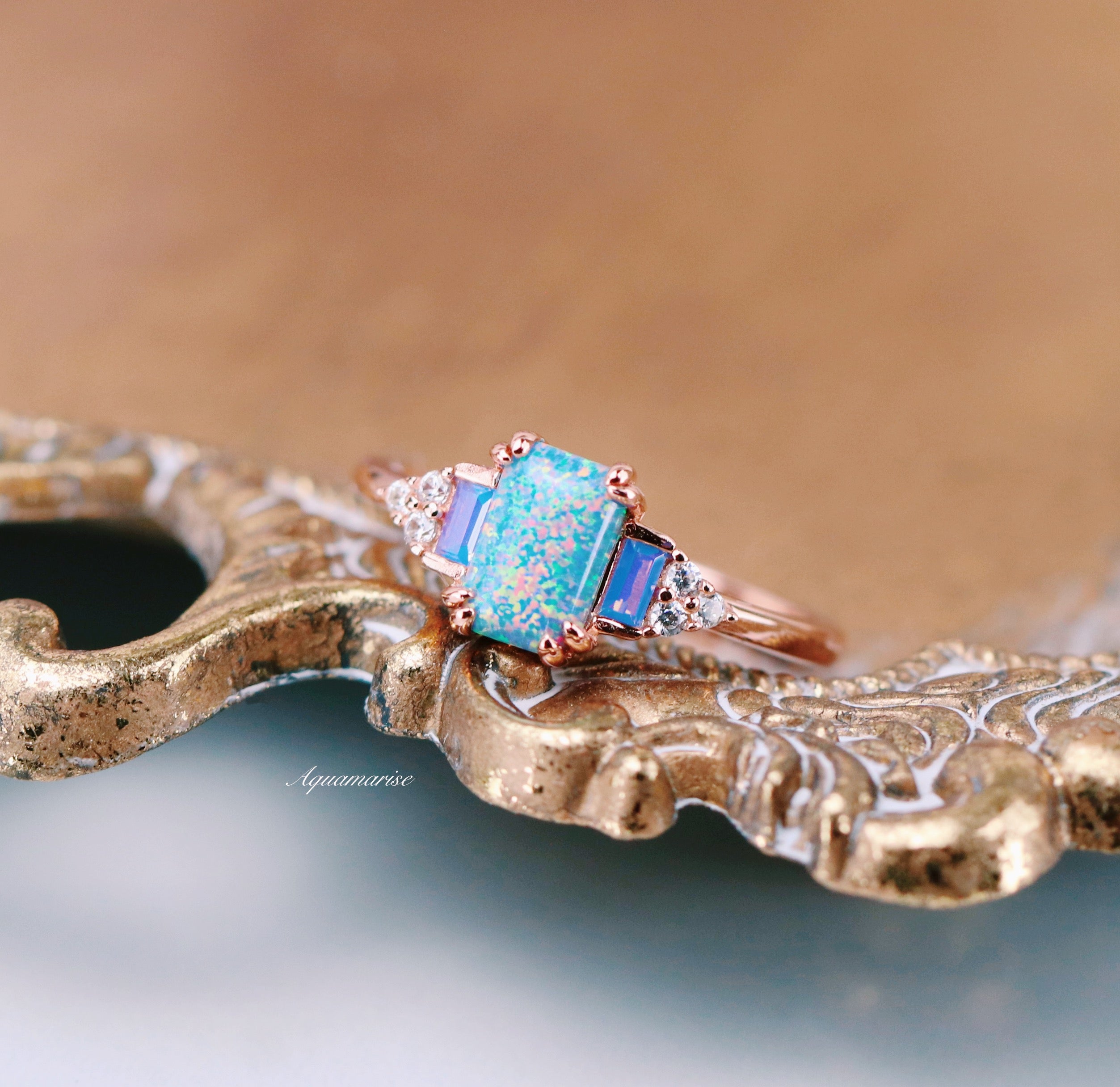 Light Blue Fire Opal & Opalescent Sapphire Ring - 14k Rose Gold Vermeil - Elegant Jewelry for Women, Perfect for Weddings, Anniversaries & Special Occasions