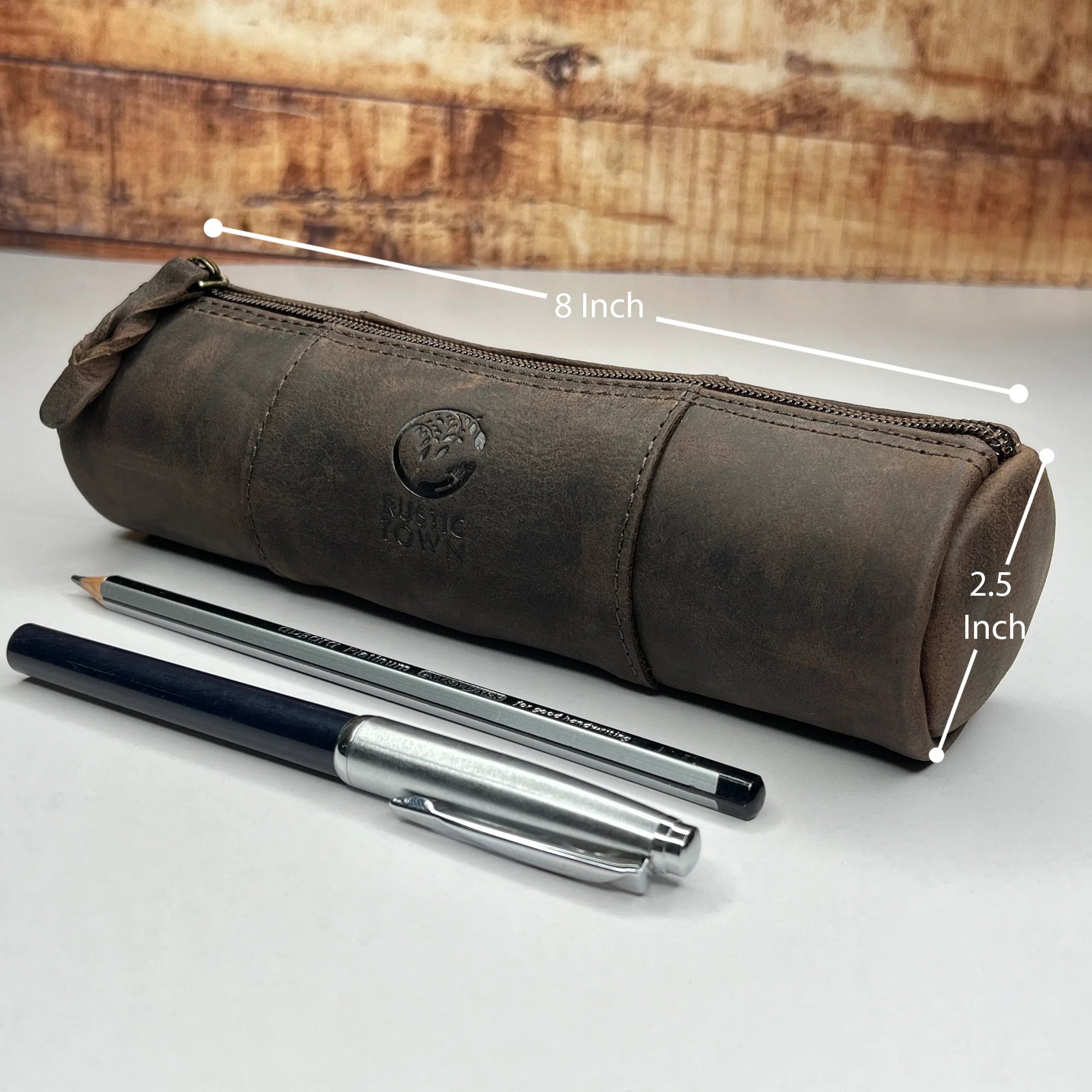 Premium Winnie Leather Zipper Pen Pencil Case - Walnut Brown for School, Office & Travel Organization | Stylish Stationery Holder for Students & Professionals