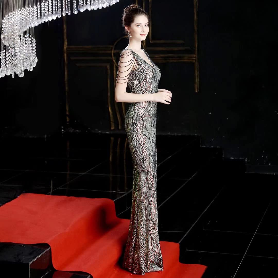Mordarli Women's V Neck Sequin Prom Dress Formal Gown Long Evening Dress with Crystal Beading - Elegant Party Gown for Homecoming, Wedding, Ball & Special Occasions