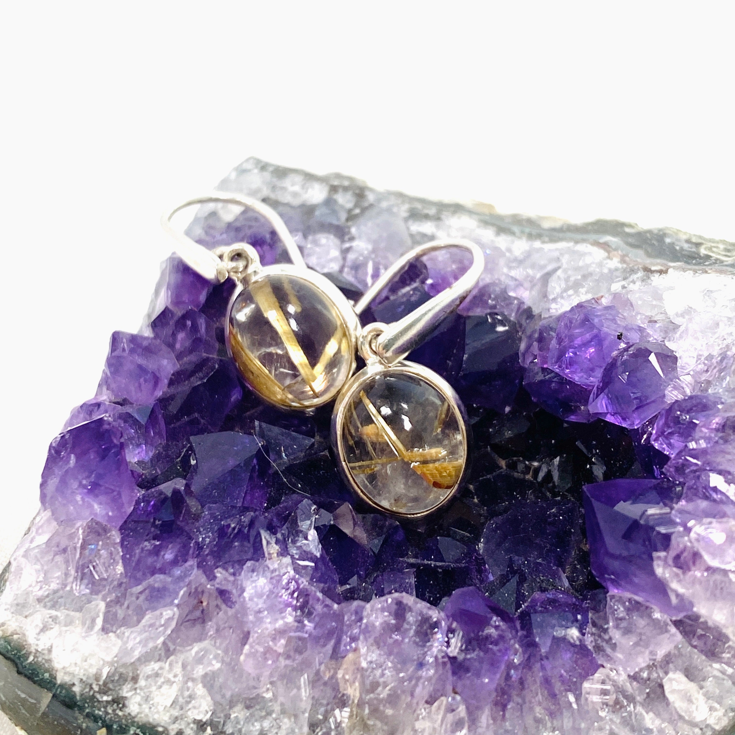 Natural Rutilated Quartz Oval Cabochon Earrings for Women - Handmade Sterling Silver Dangle Jewelry - Perfect for Wedding, Party & Special Occasions