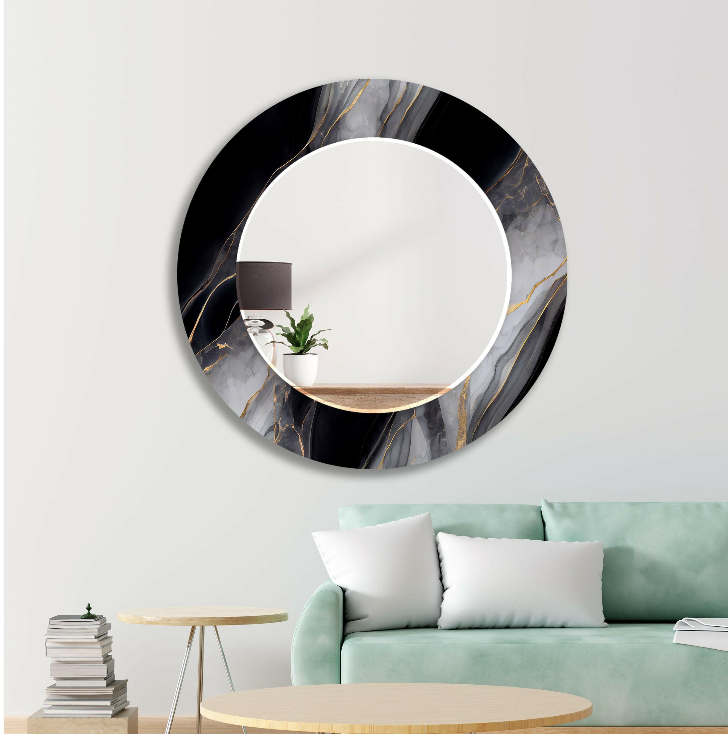 Stylish Black and Gray Marble Wall Mirror - Modern Home Decor for Living Room, Bedroom & Bathroom | Elegant Full-Length Mirror with Durable Frame for Vanity, Entryway & Dressing Area
