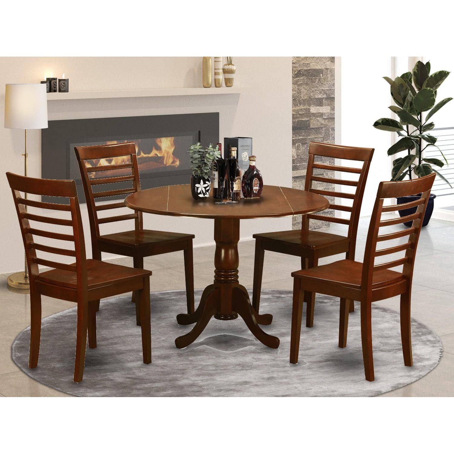 East West Furniture DLML5-MAH-W 5-Piece Modern Mahogany Dining Set with Round Drop-Leaf Table (42x42 Inch) and 4 Matching Chairs - Perfect for Small Spaces, Breakfast Nooks & Cozy Kitchen Dining Areas