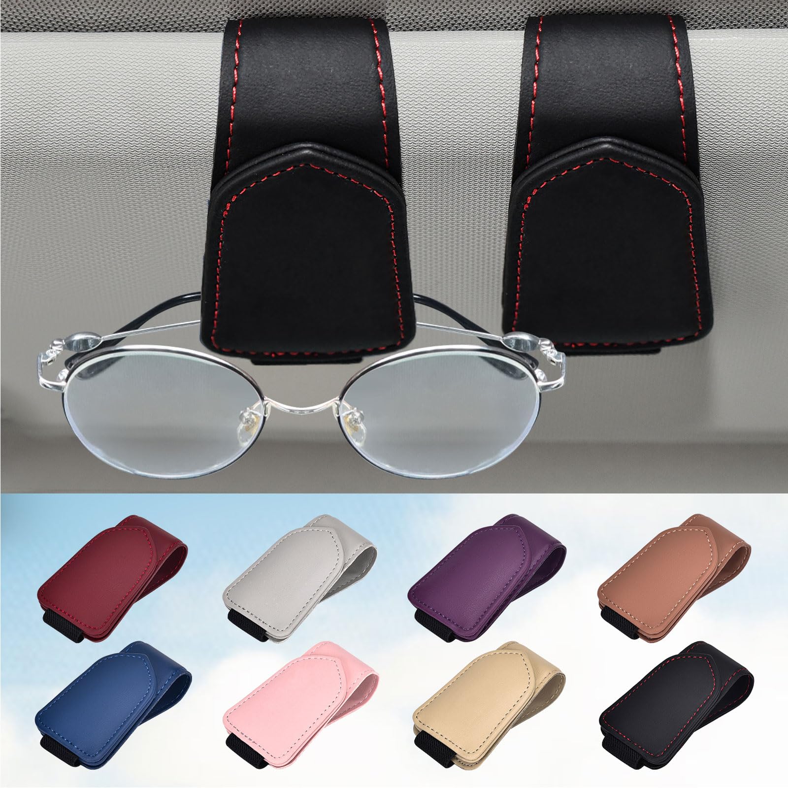 Premium Magnetic Leather Sunglasses Holder for Car Visor - 2 Pack Black Sunglasses Clip Car Accessories for Men & Women - Perfect for Road Trips, Commuting & Outdoor Adventures