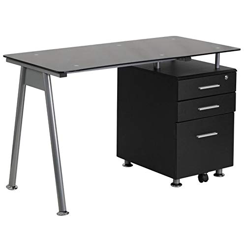 Scranton & Co Black 3-Drawer Glass Top Office Desk - Stylish Home Office Furniture for Small Spaces & Modern Workspaces