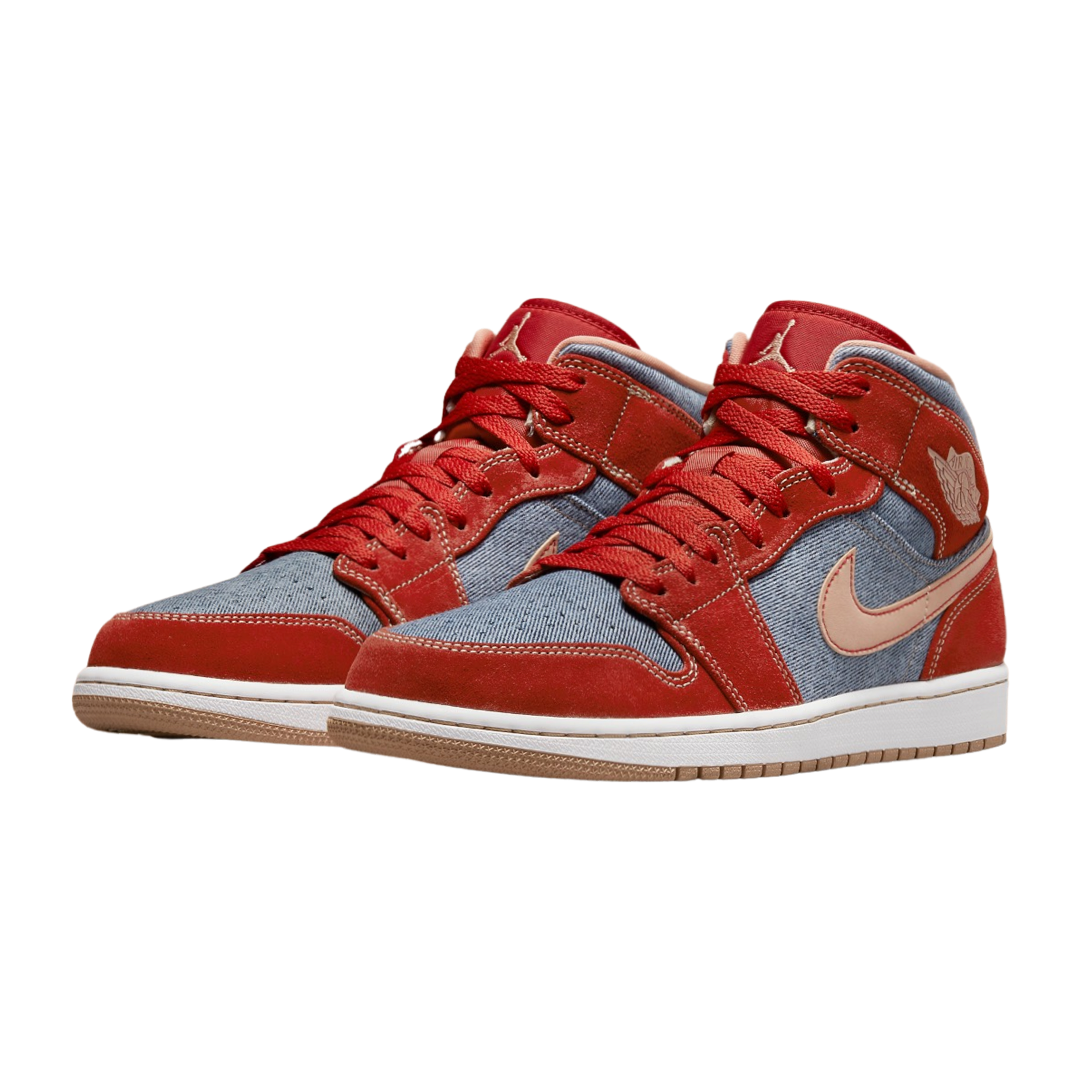 Air Jordan 1 Mid SE Denim Red Sneakers - Men's Basketball Shoes for Casual Wear & Street Style Fashion