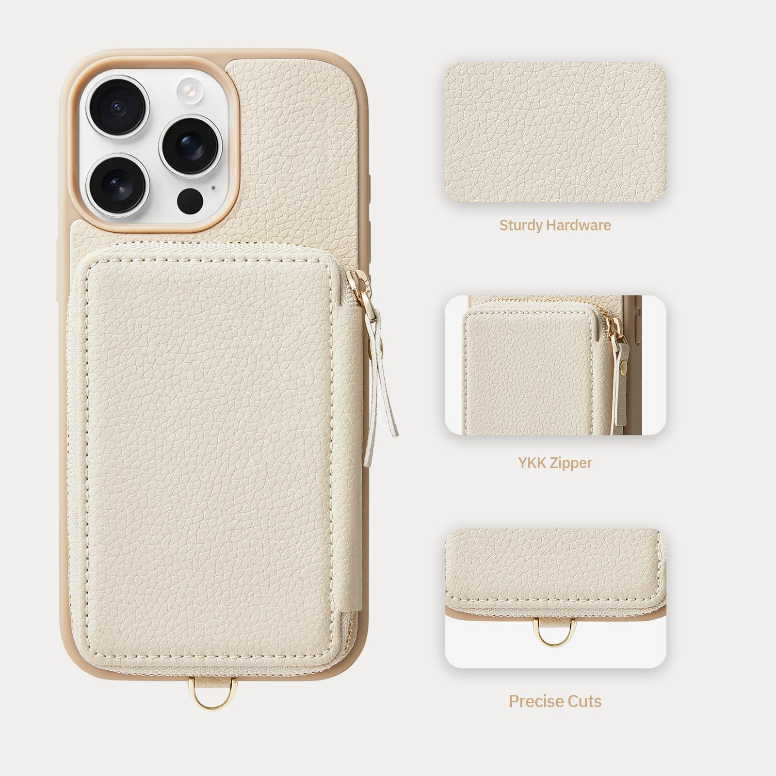 ZVE iPhone 16 Pro Case Wallet with Zipper & RFID Blocking - Leather Card Holder with Detachable Wrist Strap for Women | Compatible with 6.3