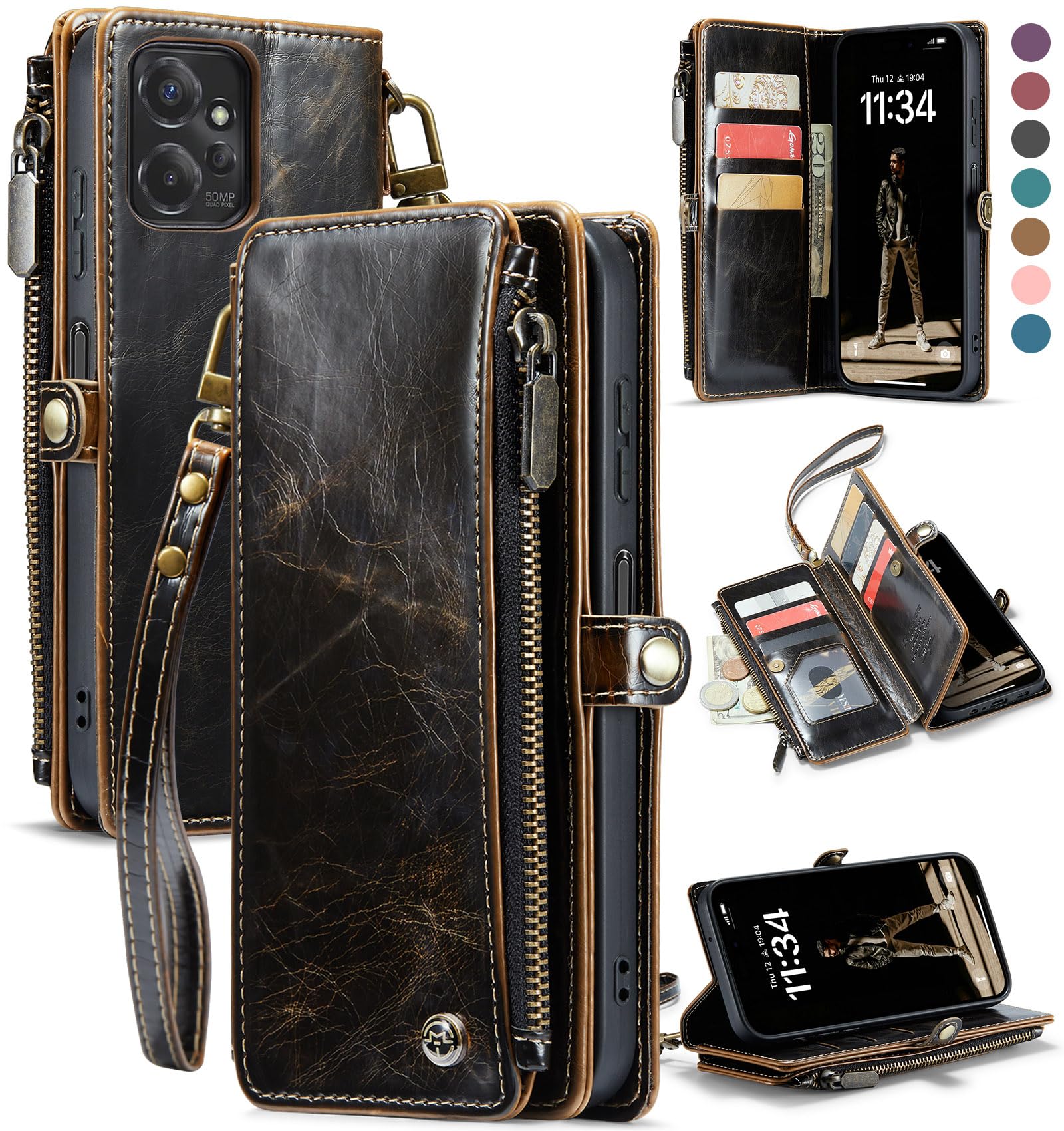 Defencase RFID Blocking Wallet Case for Motorola Moto G Stylus 5G 2023 - Premium PU Leather Magnetic Flip Cover with Card Holder & Zipper Pocket - Perfect for Everyday Use, Travel & Commuting (Coffee)