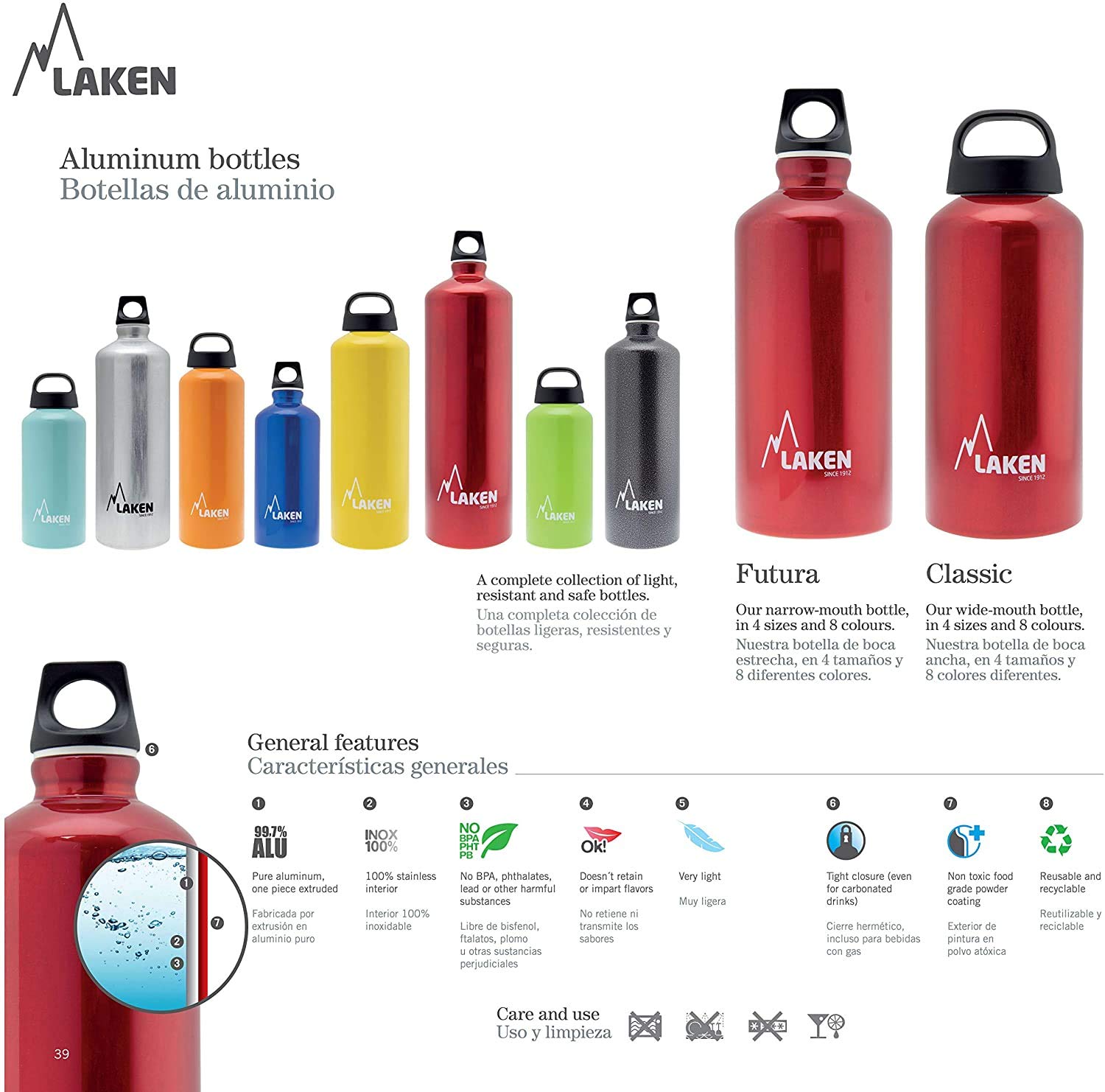 Laken Classic Wide Mouth Water Bottle - BPA Free, Leak Proof, 32oz Stainless Steel Insulated for Hot & Cold Drinks - Perfect for Hiking, Camping, Gym & Outdoor Activities