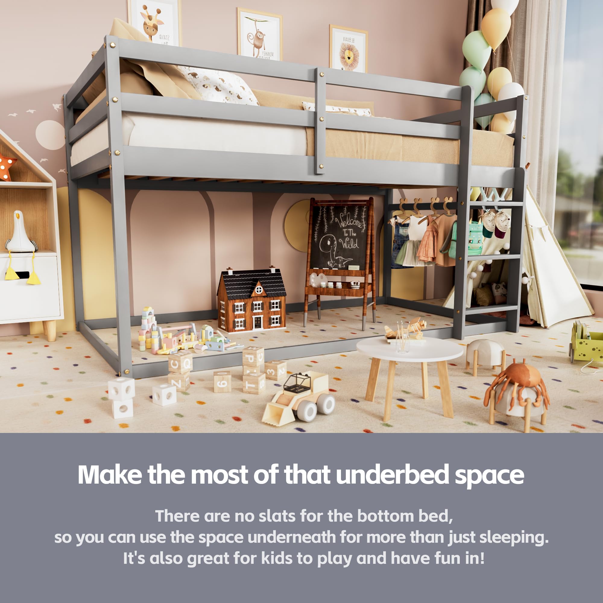 Low Bunk Bed Twin Over Twin with Ladder & Full Guardrails - Sturdy Wooden Junior Bunk Bed for Boys, Girls & Kids - Space-Saving Bedroom Furniture (Grey) - Perfect for Small Rooms, Shared Kids' Bedrooms & Sleepovers