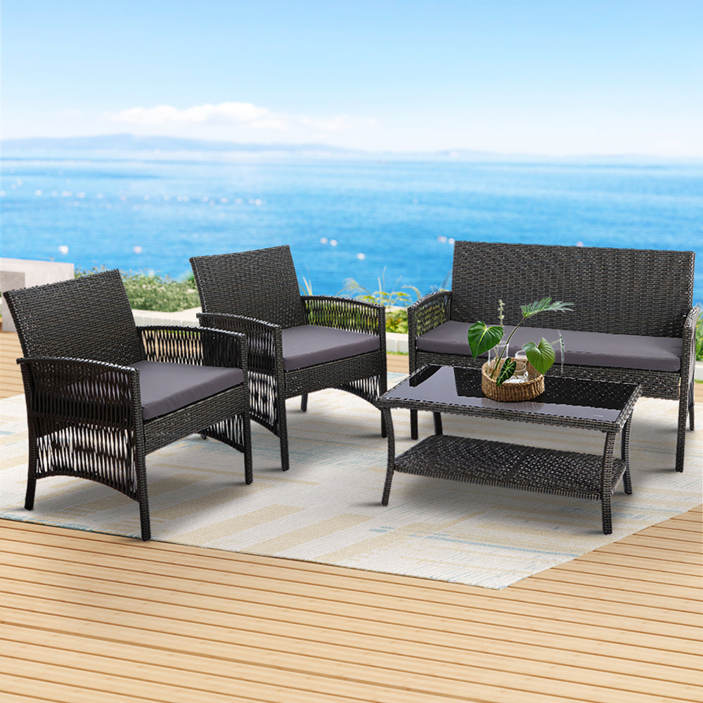 4-Piece Outdoor Wicker Sofa Set with Harp Chairs and Table - Grey Patio Garden Furniture for Backyard, Poolside & Terrace Relaxation