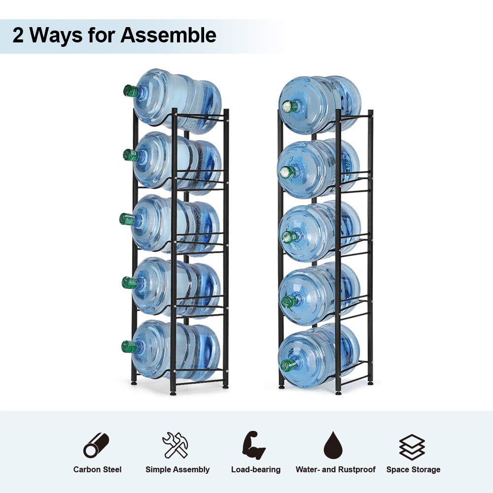 5-Tier Heavy Duty Water Bottle Rack for 5 Gallon Water Dispenser - Space Saving Water Cooler Jug Organizer (Black) - Perfect for Home, Office, or Pantry Storage