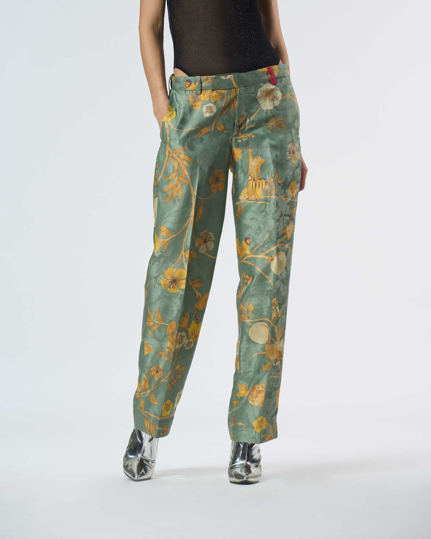 Premium Straight Fit Silk Damask Trousers in Sage Green - Elegant Office Wear & Formal Occasions