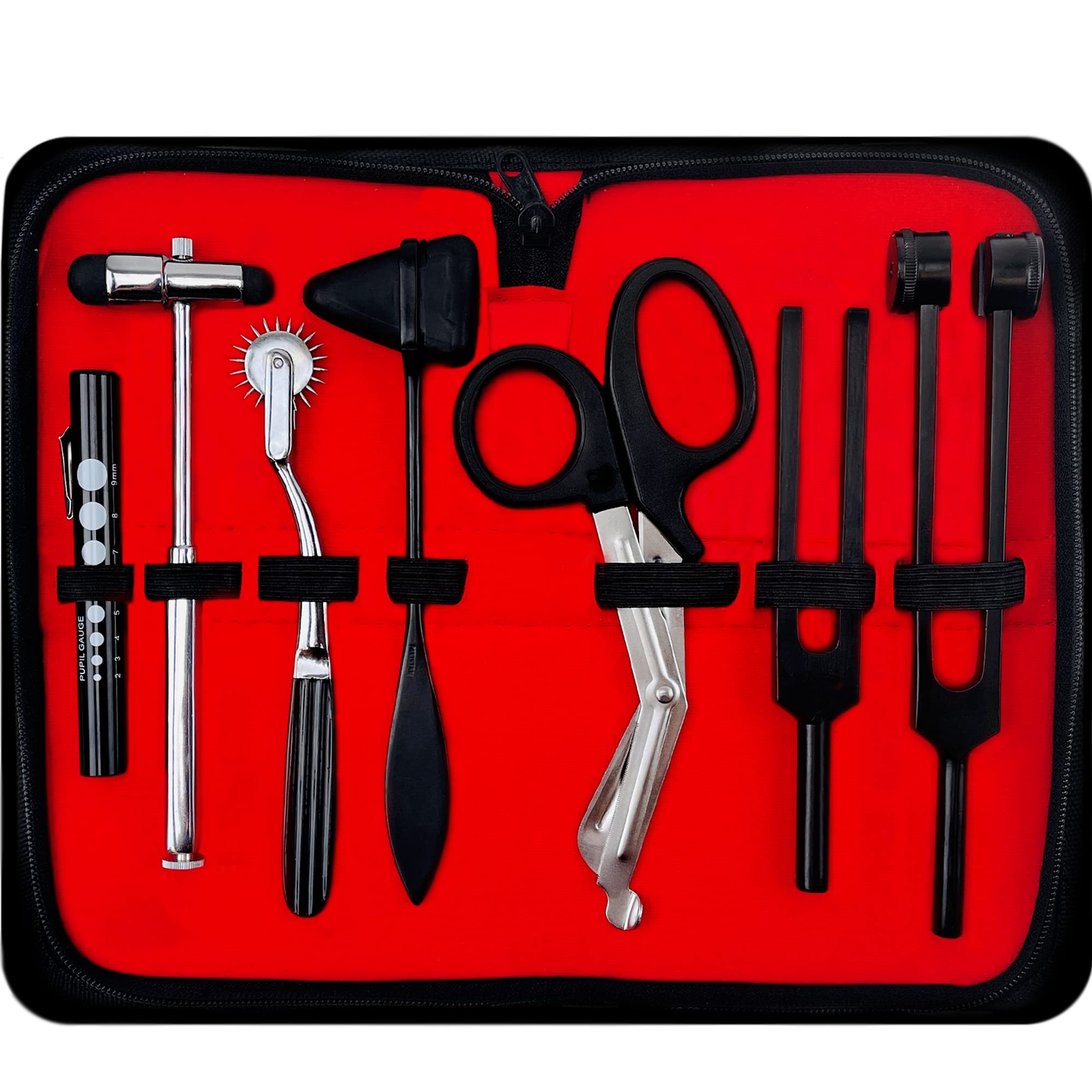 Professional 8-Piece Medical Diagnostics Kit - Taylor Reflex Hammer, C128 & C512 Tuning Forks, Bandage Scissors, Pupil Gauge Pen Light, Buck Hammer & Pin Wheel in Black Carrying Case - Perfect for Neurological Exams, Physical Therapy & Clinical Assessments