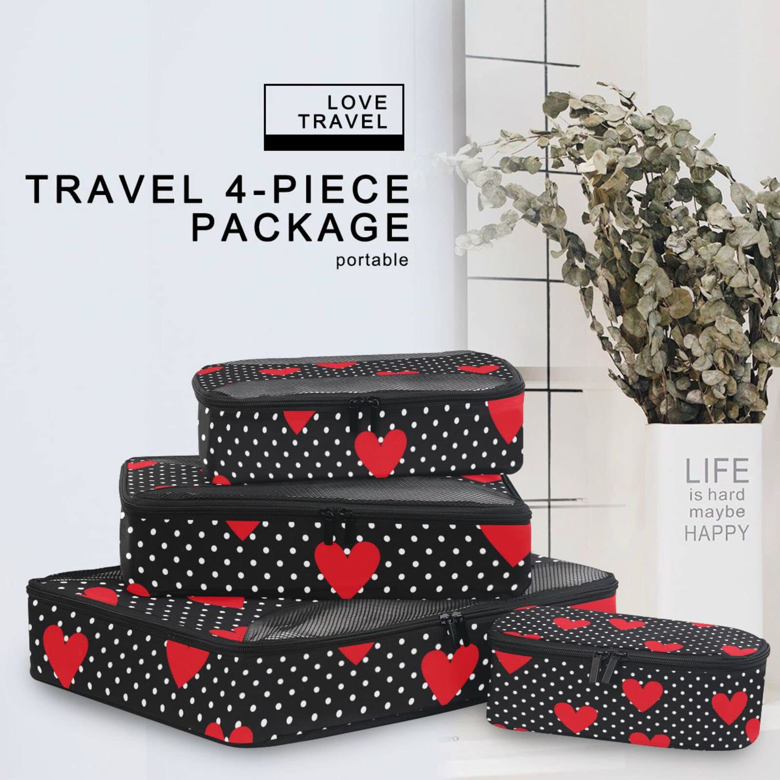 Susiyo Polka Dot Valentine Hearts 4-Piece Packing Cube Set - Luggage Organizers for Travel Accessories | Perfect for Suitcase Organization & Weekend Getaways