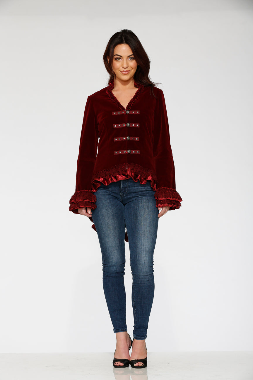 Elegant Burgundy Gloria Velvet Tailed Jacket for Women - Formal Evening Blazer for Weddings, Parties & Special Occasions