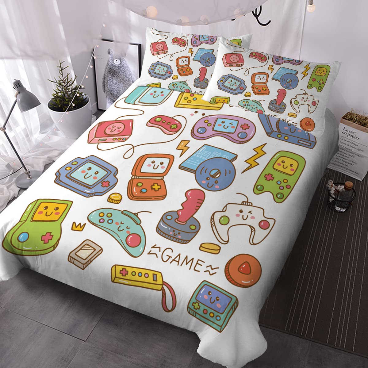 BlessLiving Kawaii Gaming Duvet Cover Set King Size - Cute Video Game Comforter Cover for Girls, Boys & Teens - 3 Piece Gamer Bedding Set with Controller Design (White, King) - Perfect for Gaming Rooms, Teen Bedrooms & Sleepovers