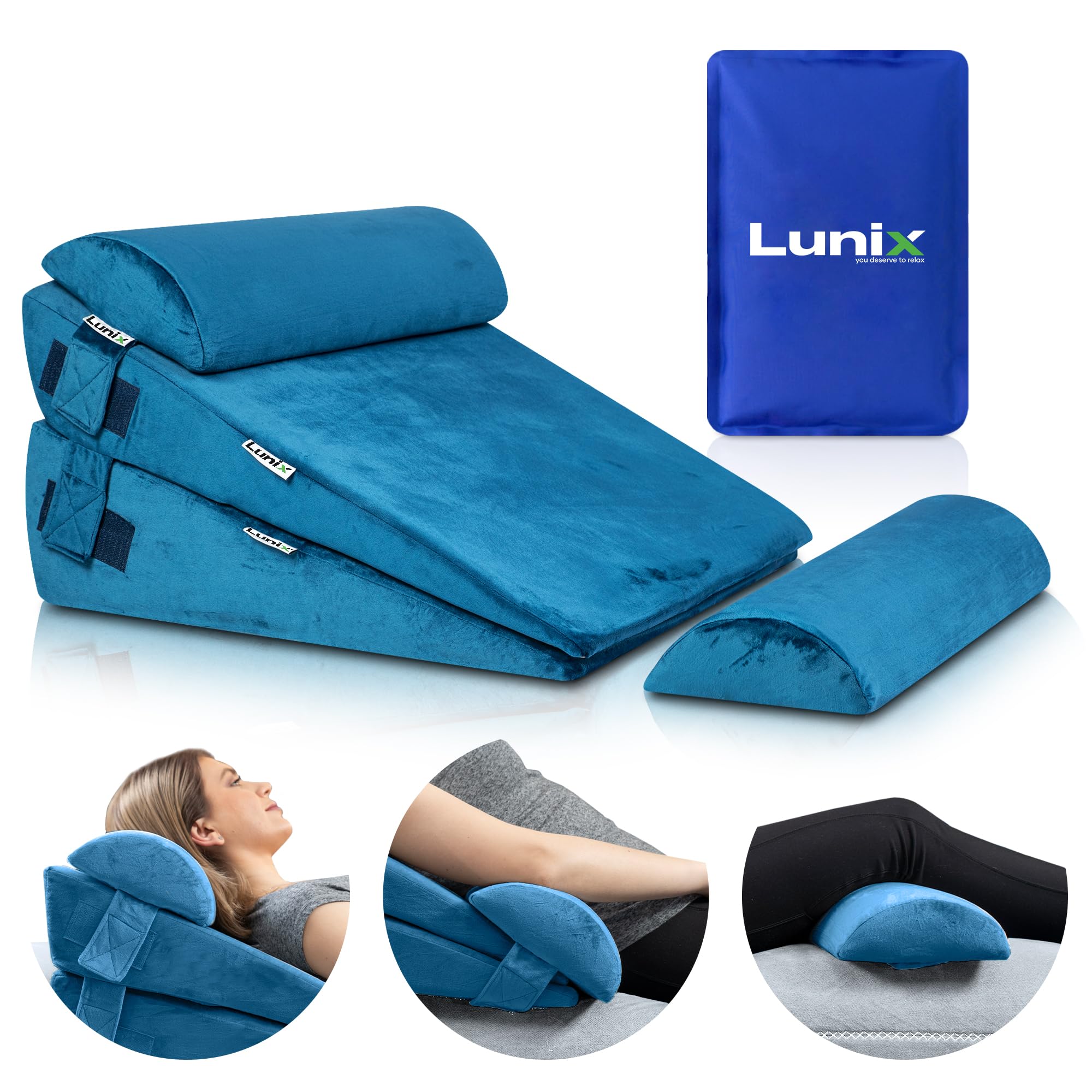 4pcs Orthopedic Bed Wedge Pillow Set for Back, Leg & Knee Pain Relief - Post Surgery Memory Foam Support Pillows with Hot/Cold Pack - Adjustable Sitting Pillow for Sleeping, Acid Reflux & GERD - Perfect for Home Recovery & Comfort (Blue)