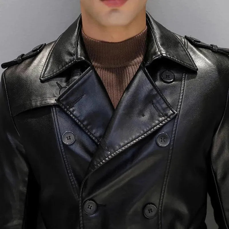 Premium Men's Genuine Leather Trench Coat - Classic Long Waterproof Windbreaker for Business, Dating & Outdoor Activities