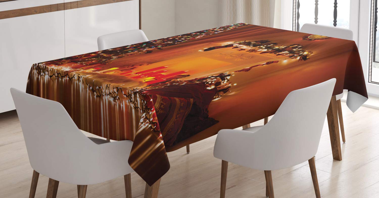 Ambesonne Christmas Tablecloth - Romantic Xmas Holiday Decor with Candles & Gifts Print, 52x70 Inch Orange Rectangular Table Cover for Dining Room, Kitchen & Holiday Parties - Perfect for Christmas Dinner, Family Gatherings & Festive Home Decor