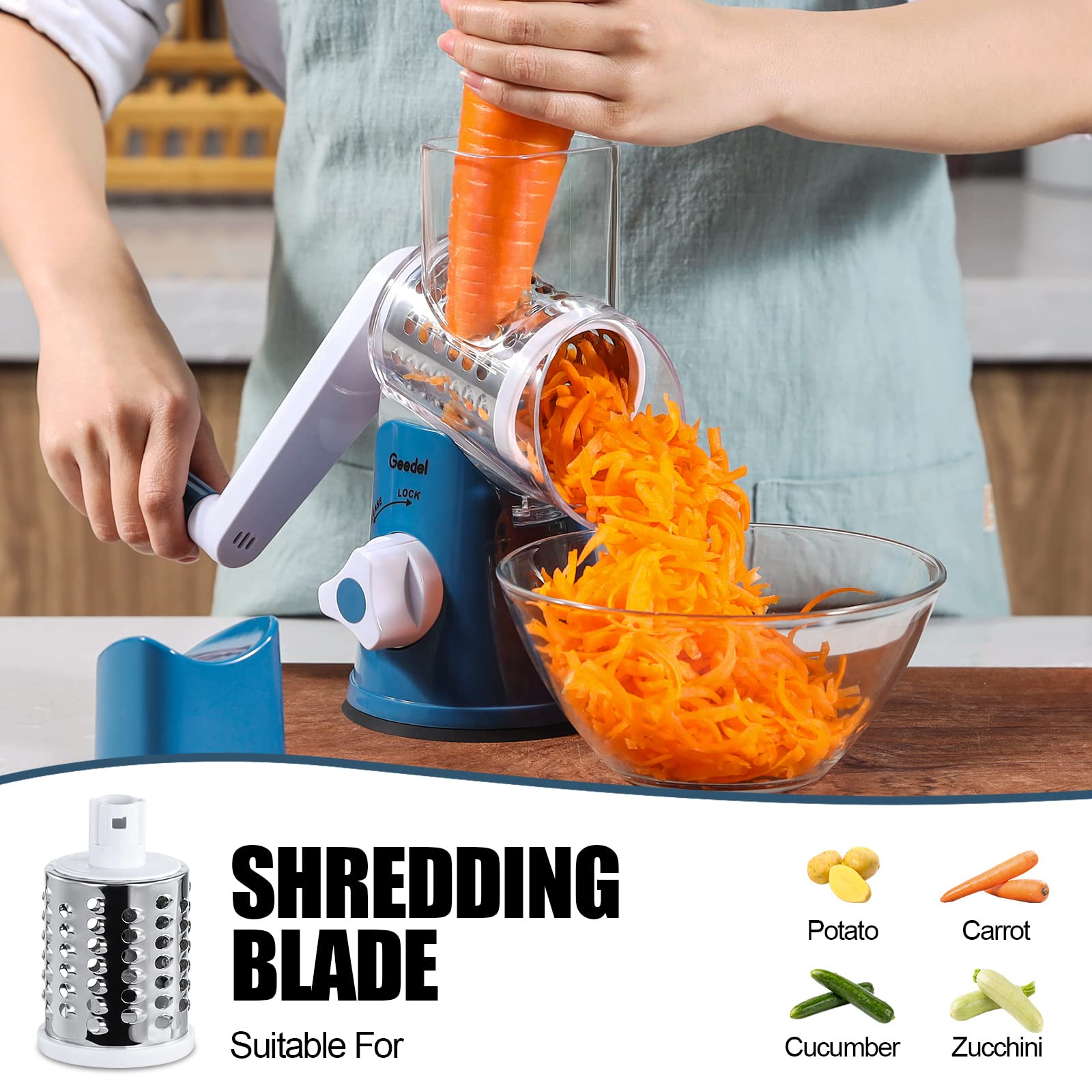 Geedel Rotary Cheese Grater & Vegetable Slicer - 3 Interchangeable Blades for Fruits, Nuts, Cheese | Easy Clean Kitchen Mandoline | Perfect for Salads, Pasta Garnish & Meal Prep