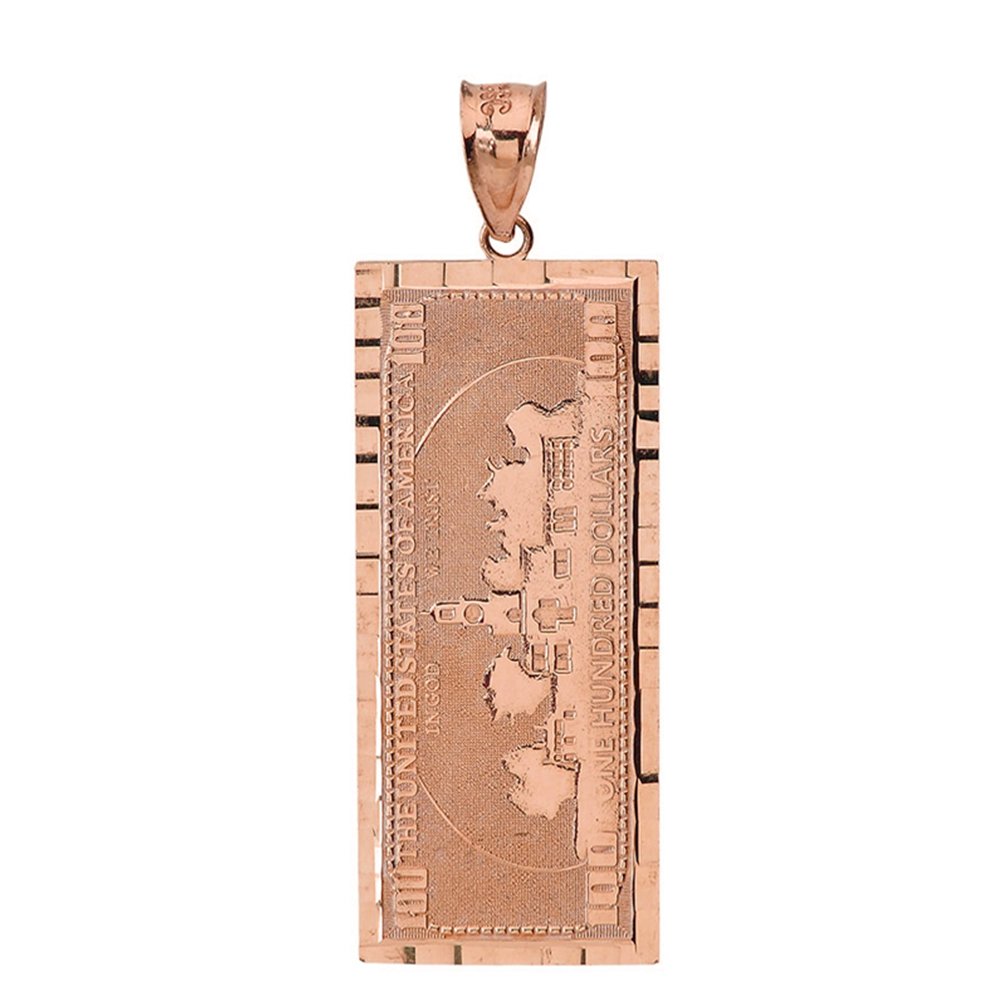 14k Rose Gold Benjamin Franklin $100 Bill Pendant Necklace - 1.55 Inch Hip Hop Jewelry for Men & Women - Perfect for Rappers, Streetwear Fashion & Gift Giving