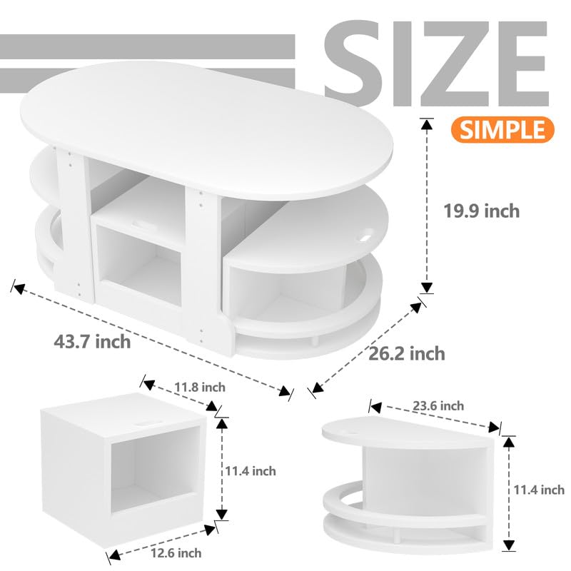 White Kids Table and Chairs Set - Elliptical Toddler Table with 4 Stools & Storage, Nesting Design for Ages 2-6 | Perfect for Playroom, Preschool Learning, Arts & Crafts Activities