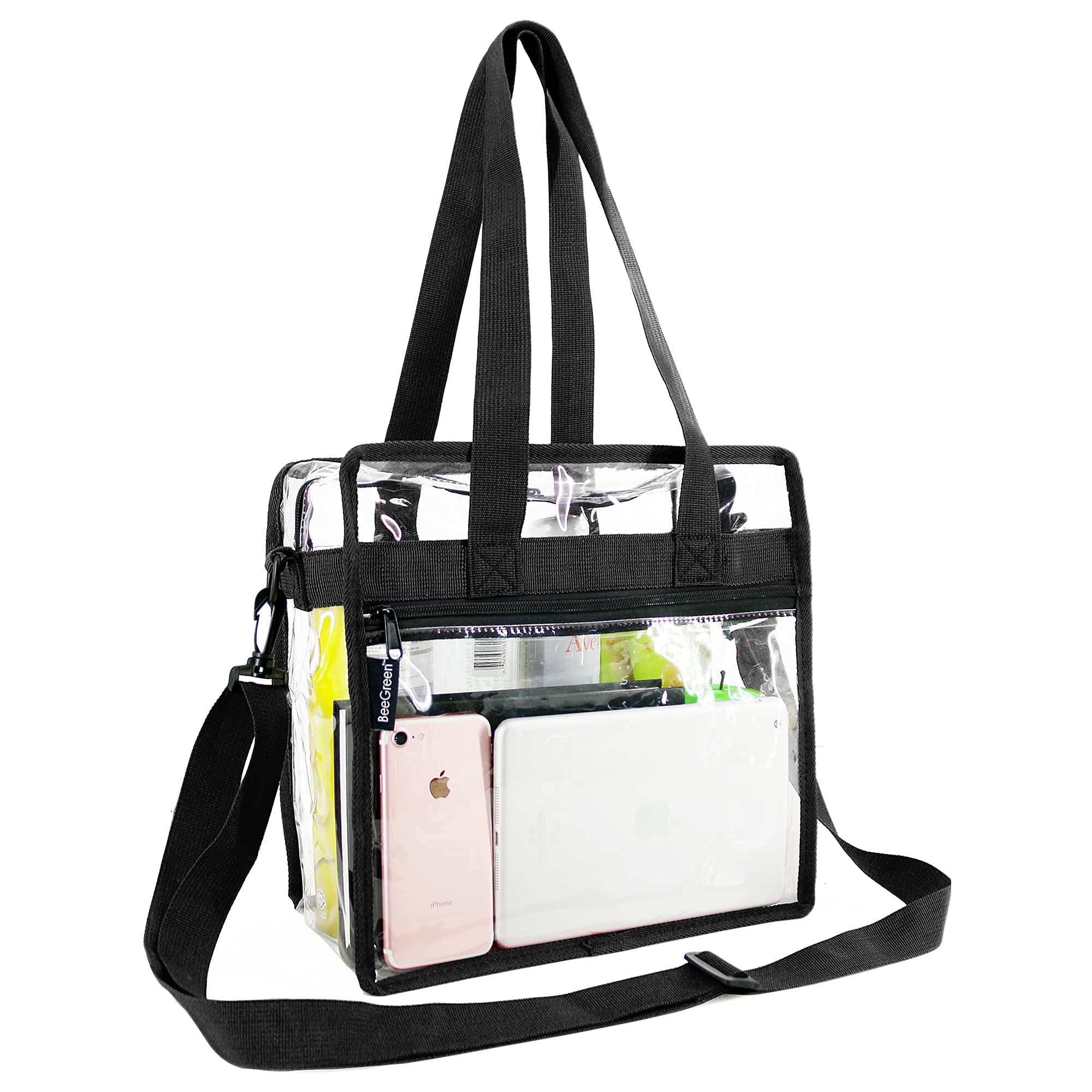 BeeGreen Reusable Grocery Bags - 12 Pack Large Washable Foldable Tote with Zipper Storage Pouch & Clear Stadium Bag, Front Pocket & Adjustable Shoulder Straps | Eco-Friendly Shopping, Travel & Sports Events