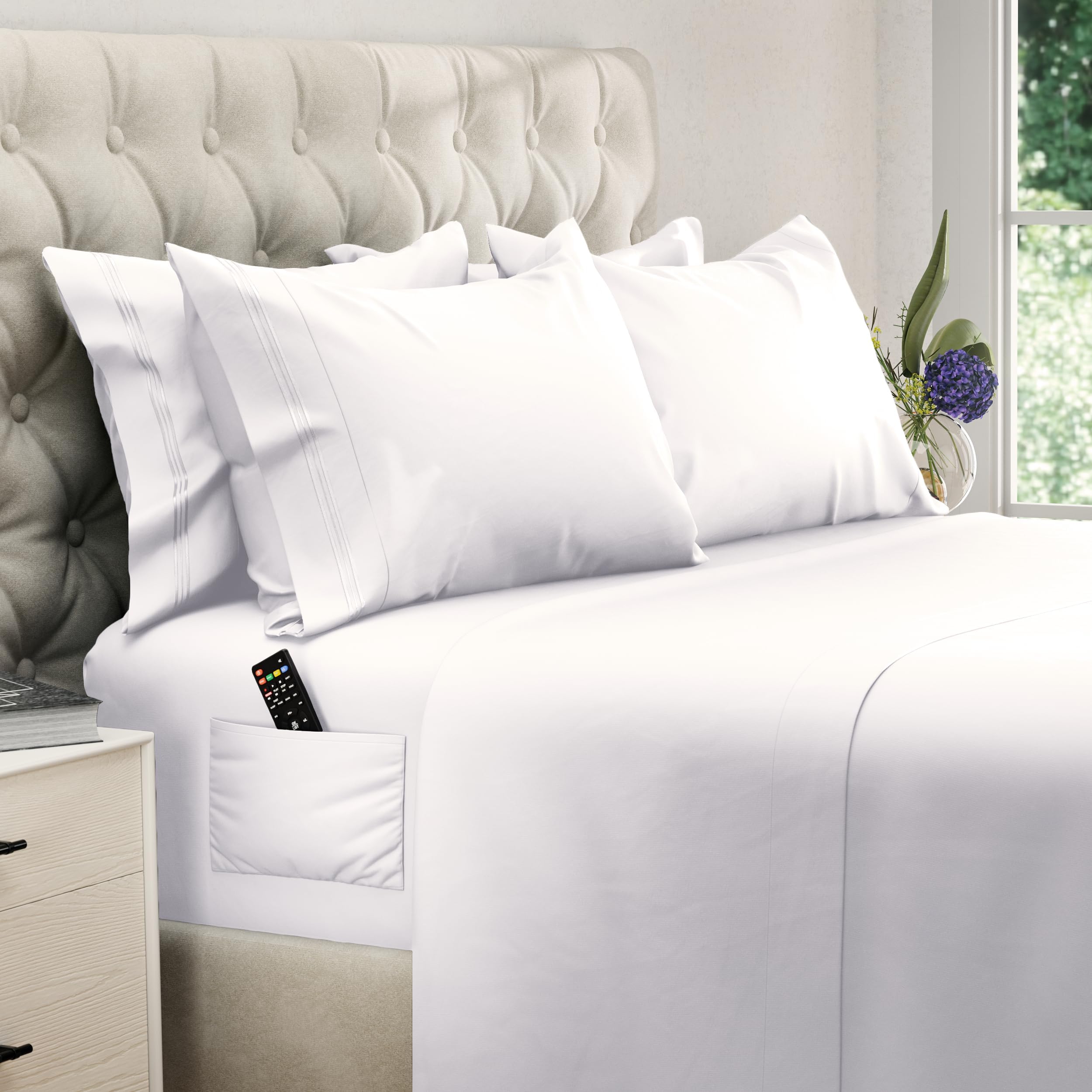 Cooling Full Size Bed Sheets Set - 6pcs Soft 100% Brushed Polyester with Side Pocket - Breathable & Durable for Hot Sleepers - Perfect for Summer Nights & Guest Rooms - White