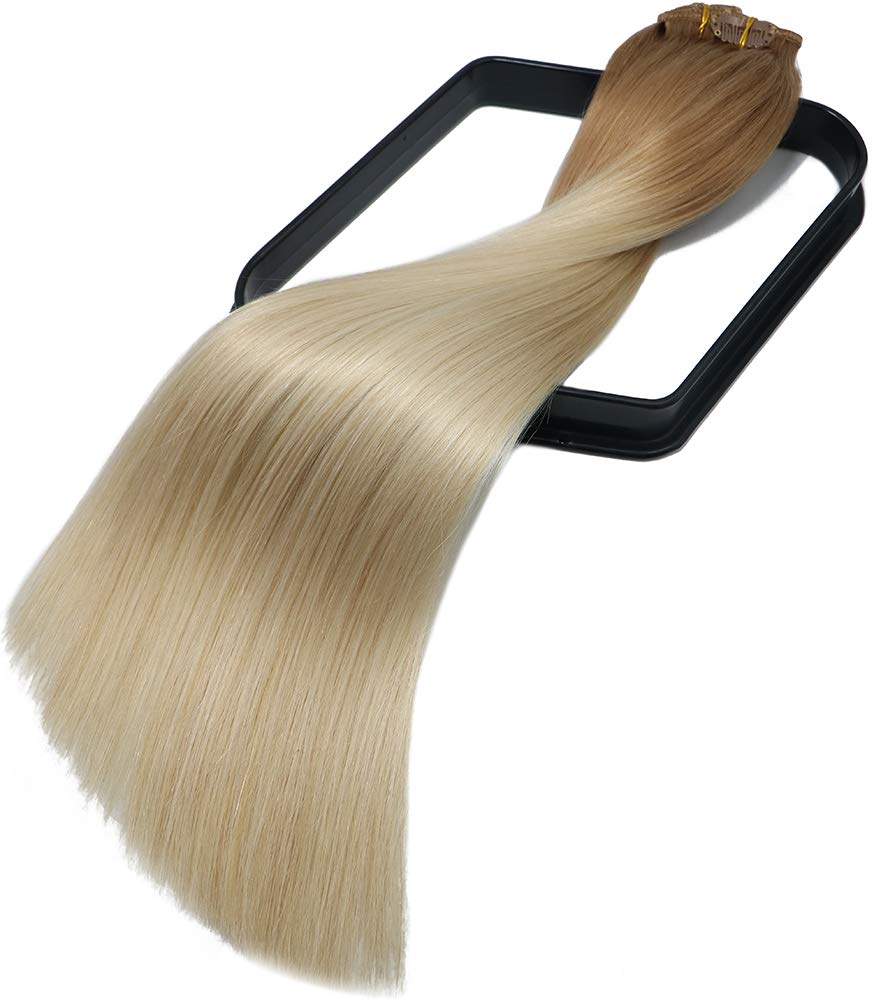 Aison 22 Inch Clip-in Human Hair Extensions - 7pcs 120g Golden Brown to Platinum Blonde Ombre Straight Wefts for Long Thick Hair | Perfect for Parties, Weddings & Daily Styling